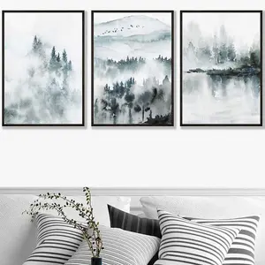 Set of 3 Teal Blue Abstract Forest Lake Wall Art Prints / 50x70cm / Black Frame