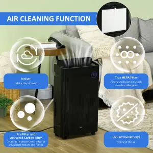 HOMCOM 16L/Day Quiet Air Dehumidifier with Purifier, UVC, Ioniser, Timer, Black