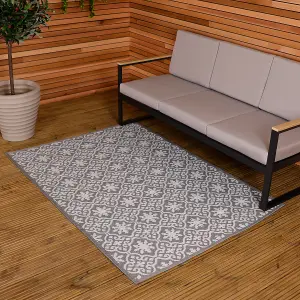 Charles Bentley Tile Motif Waterproof Indoor/Outdoor Rug Grey Mat 170x120cm