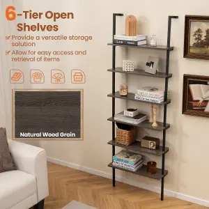 COSTWAY 6-Tier Ladder Shelf Wall Mounted Industrial Bookshelf with Metal Frame