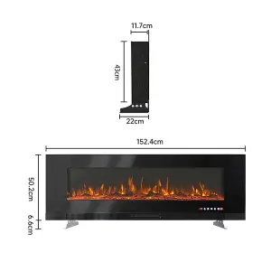 Black Electric Fire Wall Mounted Wall Inset or Freestanding Fireplace 12 Flame Colors with Remote Control 60 Inch