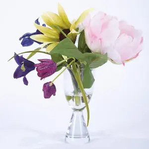 Artificial Wild Sophisticated Flower Arrangement in Footed Vase - Faux Clematis, Zinnia, Fritillary, Peony, Ranunculi - 20 x 18cm