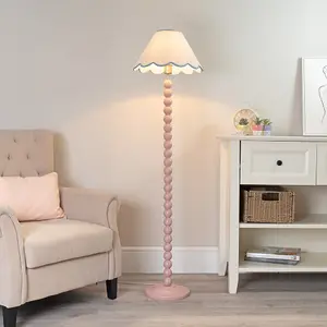 ValueLights Bobbles Rose Pink Bobbin Floor Lamp with Blue Trim Scallop Shade