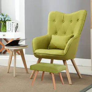 Green Linen Upholstered Wing Back Armchair Lounge Chair with Footstool and Lumbar Pillow