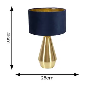 ValueLights Jax Gold Dimmable Touch Table Lamp with Navy Blue Velvet with Gold Inner Lamp Shade