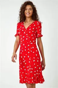 Roman Ditsy Floral Print Stretch Fit Casual Knee Length Midi Dress - Red - Casual Dresses Size 14