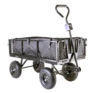 Garden TRAILER Cart Pull Along Trolley 350kg Heavy Duty Black Mesh Utility Gardeners Wagon with Removable Liner & Folding Sides