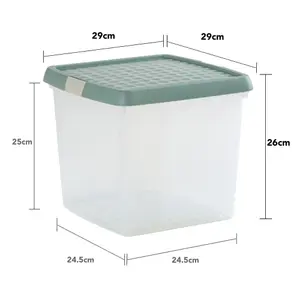 Wham Clip 2x 14L Square Plastic Storage Boxes with Secure Clip Lock Lids. L:29 x W:29 x H:26cm Clear/Green Milieu/Stone