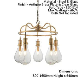 Ceiling Pendant Light - Antique Brass Plate & Clear Glass - 5 x 6W LED E14