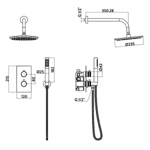 Apres Brushed Brass Round Handle, Built-in Shower Valve Handset & Wall Mounted Head