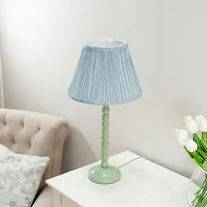 ValueLights Bobbles Sage Green Bobbin Table Lamp with Blue Pleated Shade