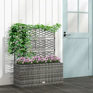 Outsunny Garden PE Rattan Planter Box w/ Trellis Flower Raised Bed, 84x30x107cm