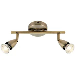 2 Way Adjustable Ceiling Spotlight Bar - 2 x 35W GU10 - Antique Brass Plate