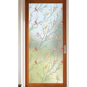 Static Cling Privacy Film - Easy to Apply Colourful Roosting Bird Design Frosted Glass Window Film - Measures W50 x L200cm