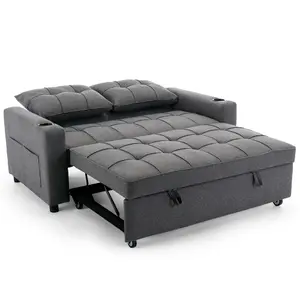 Hudson 2-Seater Sofa Bed Linen Fabric With Cup Holders Grey