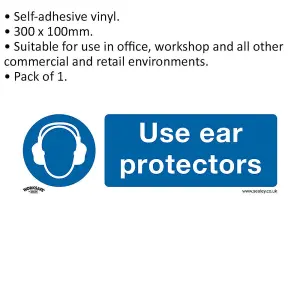 Mandatory Use Ear Protectors Safety Sign - Self Adhesive Vinyl 300x100mm