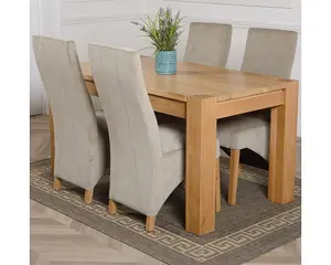 Kuba 150 x 85 cm Chunky Medium Oak Dining Table and 4 Chairs Dining Set with Lola Grey Fabric Chairs