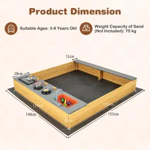 Costway Wooden Sandbox Kids Sand Pit w/ Kitchen Playset & Bottom Liner