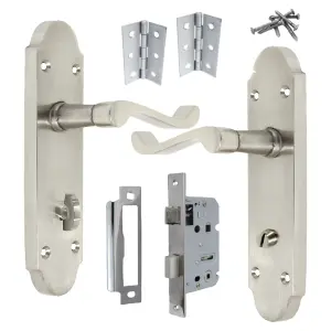 Epsom Door Handles Bathroom Lock Scroll Lever - Satin Pack Hinges