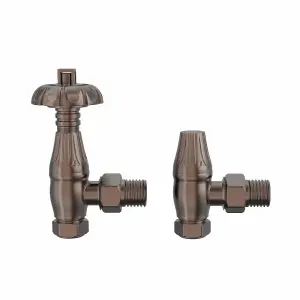 Traditional Thermostatic TRV Antique Design Angled Radiator Rad Valves Pair Antique Copper