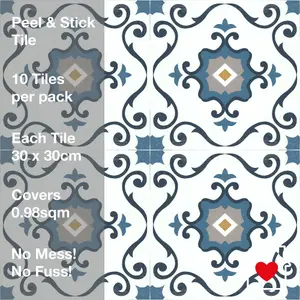 Floor Tile Motif 30.5x30.5cm Blue 10 Tiles Per Pack