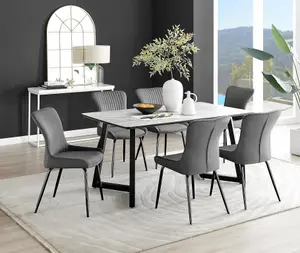 Furniturebox UK Carson White Marble Effect Dining Table & 6 Dark Grey Nora Black Leg Chairs