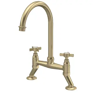 Astini Victoria Brushed Brass Twin Crosshead Kitchen Sink Bridge Mixer Tap