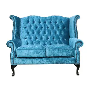 Chesterfield 2 Seater High Back Sofa Modena Peacock Blue Velvet Fabric In Queen Anne Style