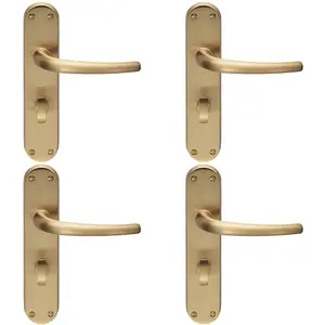 4 PACK - Rounded Sleek Bathroom Latch Door Handle - Satin Brass Lever on Backplate