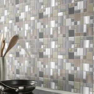 Tourino Grey Gloss & matt Glass effect Flat Aluminium & glass Mosaic tile sheet, (L)300mm (W)300mm