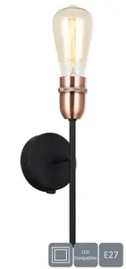 Harper Living 1xE27/ES Up Wall Light with On and Off Switch, Black with Copper Finish, 40 Watts