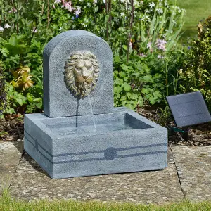 Lions Head Solar Powered Water Feature - Stone-Effect Decorative Outdoor Garden Water Fountain - Measures H50 x W45 x D45cm