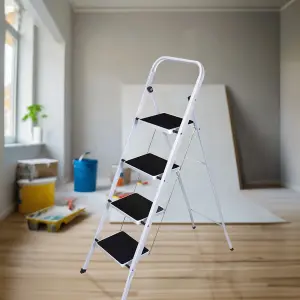 Foldable 4 Step Steel Ladder - Non Slip Tread Stepladder Safety Kitchen, Home, Industrial DIY Steel Construction Strong & Durable