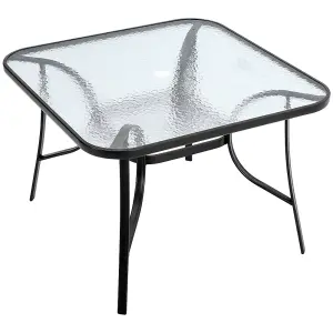 Black Square Tempered Glass Tabletop Metal Outdoor Garden Coffee Table with Parasol Hole 105 cm