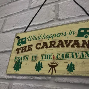 Red Ocean What Happens In The Caravan Campervan Novelty Shabby Chic Camping Holiday Door Sign Plaque