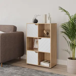 URBNLIVING 91cm Height Oak Wooden Cube Bookcase with White Line Door Display Shelf Storage Shelving Cupboard