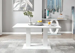 Imperia White High Gloss 6 Seater Dining Table with Structural 2 Plinth Column Legs And 6 White Faux Leather Willow Chairs