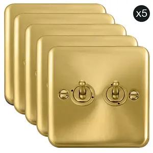 5 PACK - Curved Satin / Brushed Brass 2 Gang 2 Way 10AX Toggle Light Switch - SE Home