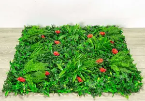 Primrose Artificial Mixed Plants Red Rose Green Wall Hedge Panel 1m x 1m