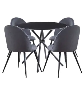 Hallowood Furniture Cullompton Small Round Black Dining Table 90cm with 4 Curved-back Grey Fabric Chairs