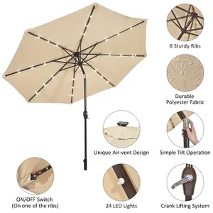 Costway 3M Garden Parasol 24 Solar Power LED Lights Patio Umbrella with Tilt and Crank Handle Beige