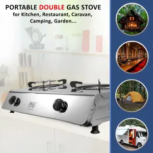 NJ-200SD Indoor Gas Stove 2 Burner Stainless Steel Portable Camping Cooker LPG  8kW