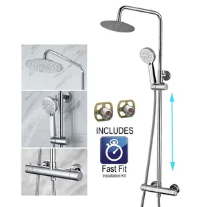 Ultra Thin Round Thermostatic Mixer Shower Dual Control Twin Head + Fast Fit Kit