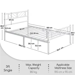 Yaheetech White 3ft Single Metal Bed Frame with Arrow Design Headboard and Footboard