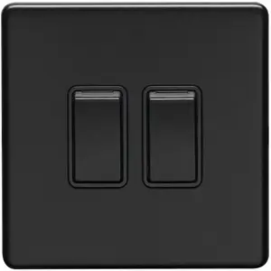 2 Gang Double Light Switch SCREWLESS MATT BLACK 2 Way 10A Metal Rocker Slim