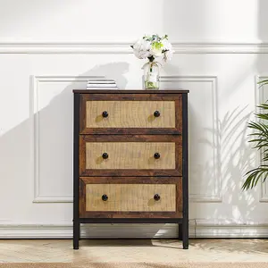 Rustic Rattan Storage Cabinet with 3 Drawers