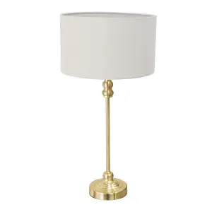 ValueLights Maggie Gold Metal Candlestick Slim Table Lamp with Grey Fabric Drum Lamp Shade and LED Bulb