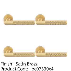 4 PACK - Luxury Knurled Door Handle Set - Satin Brass Angled Lever on Round Rose