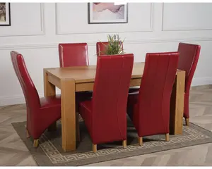 Kuba 150 x 85 cm Chunky Medium Oak Dining Table and 6 Chairs Dining Set with Lola Burgundy Leather Chairs