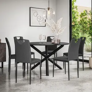 Malvern Round Dining Table And Chairs -  Black Table Top w Solid Oak Black Legs + Monza Fabric Dining Chair Set Of 6 (Charcoal)